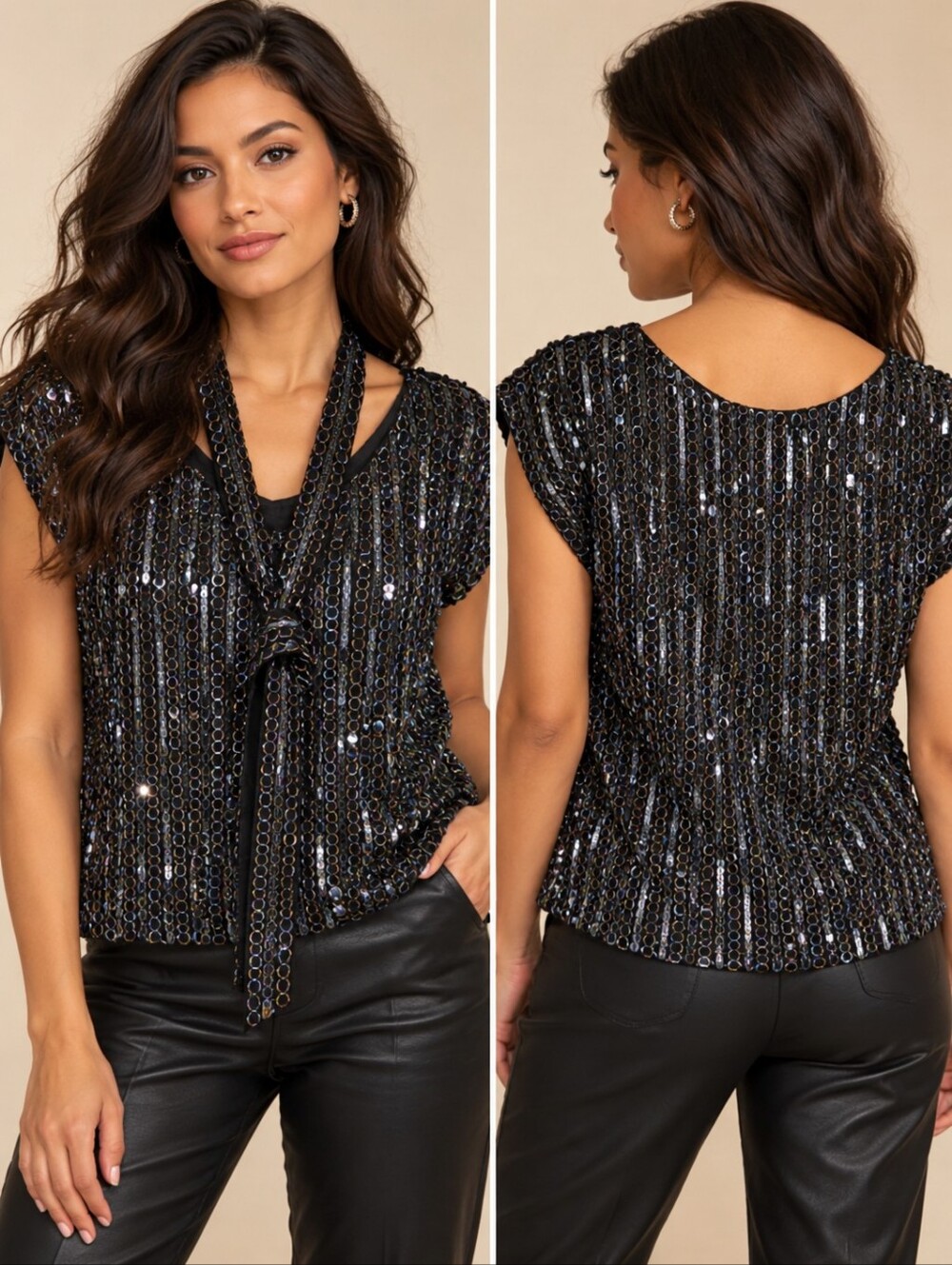 ❤️ VINTAGE 80S 90S IRIDESCENT SEQUIN BEADED EVENING TOP W/ TIE SASH, BLACK